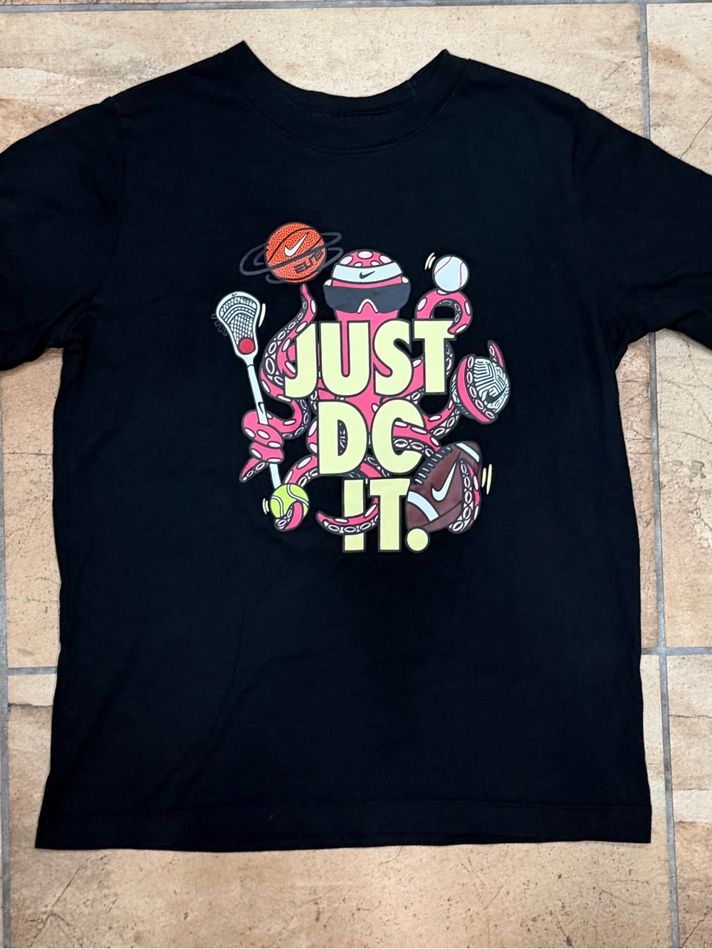 Nike Black Short Sleeve Tee with Neon Yellow & Pink "Just Do It" Graphic